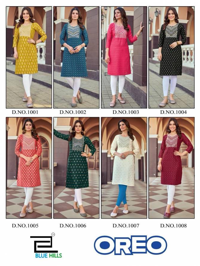 Oreo By Blue Hills Rayon Foil Printed Kurtis Wholesale Market In Surat